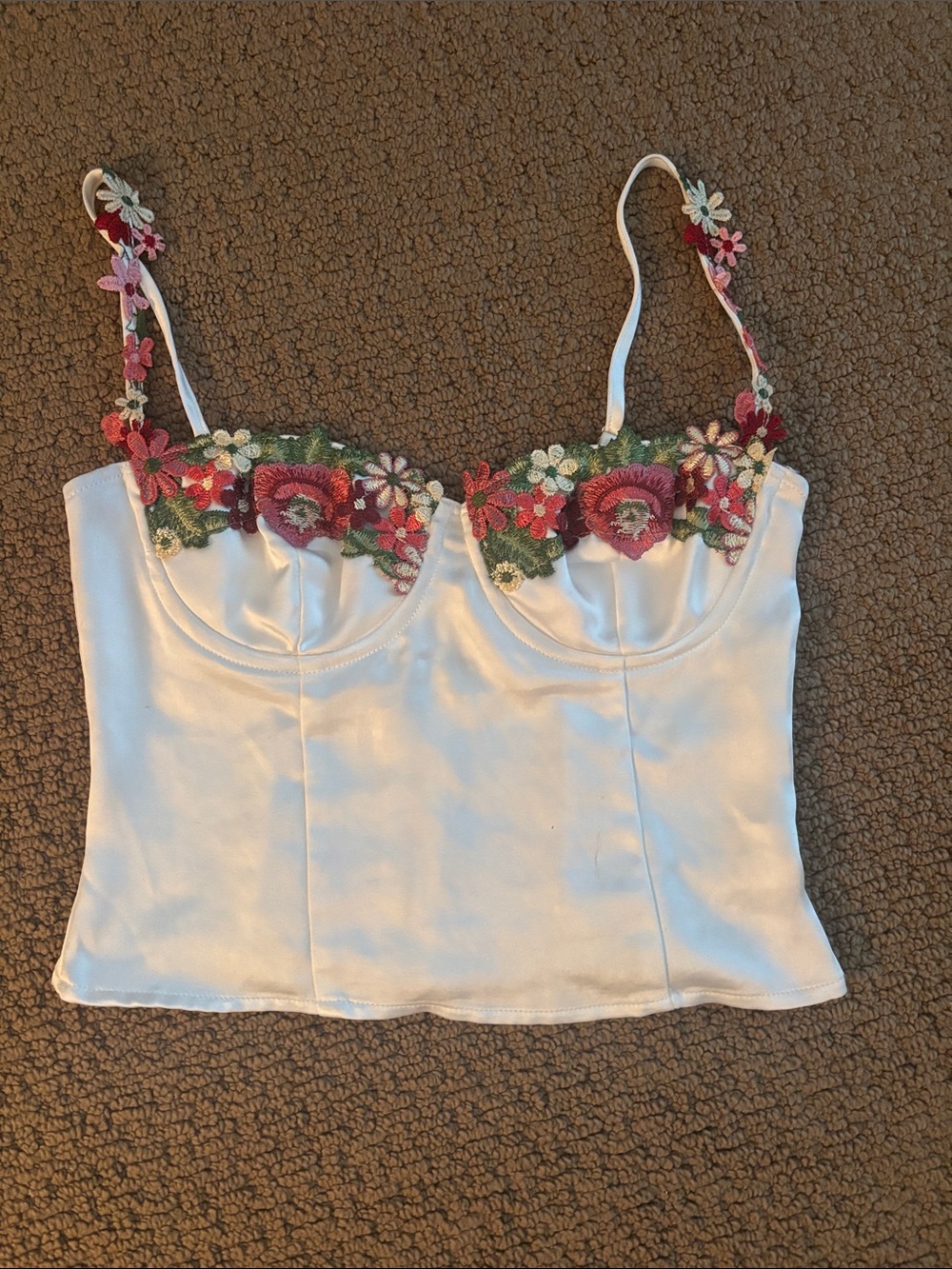 Princess Polly White Satin Camisole with Pink & Green Floral Embroidery